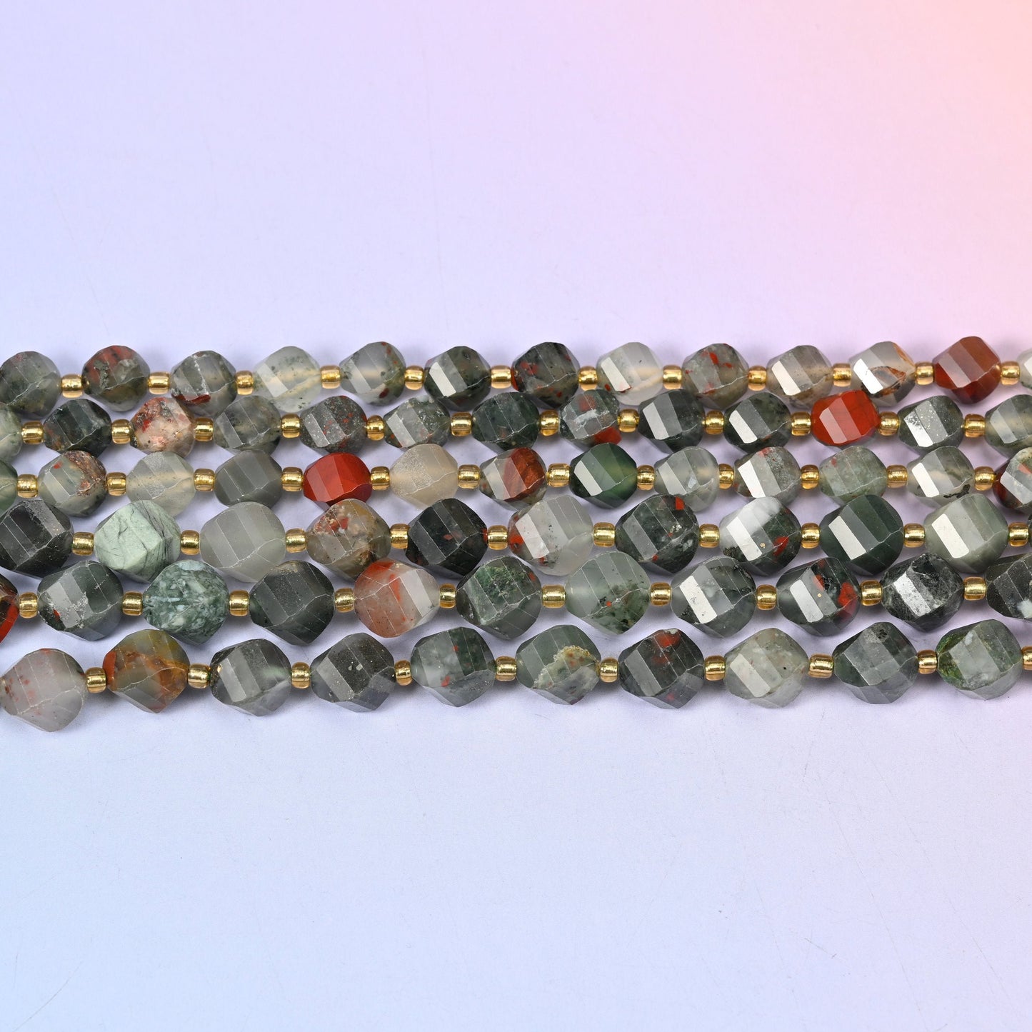 African Bloodstone Faceted Spiral Twist Beads 8mm 10mm in sage and forest green with pale grey clouding and brick red patches