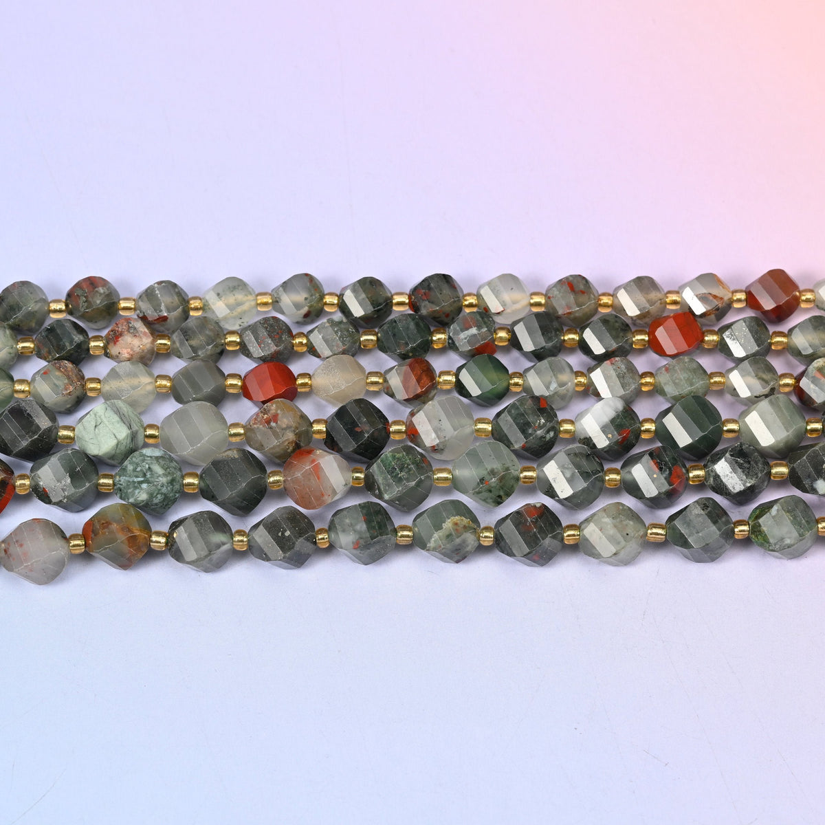 African Bloodstone Faceted Spiral Twist Beads 8mm 10mm in sage and forest green with pale grey clouding and brick red patches