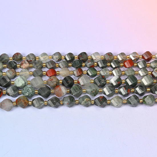 African Bloodstone Faceted Spiral Twist Beads 8mm 10mm in sage and forest green with pale grey clouding and brick red patches