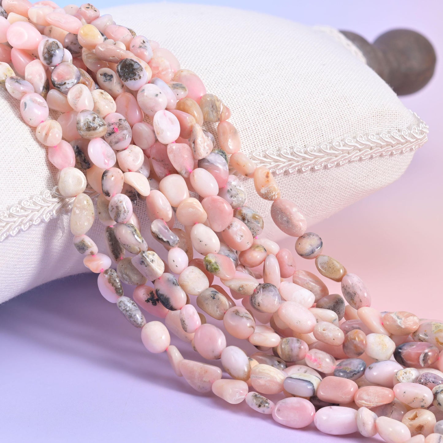 Pink Opal Irregular Pebble Nugget Beads, soft powder pink fading to cream with grey-brown matrix veining