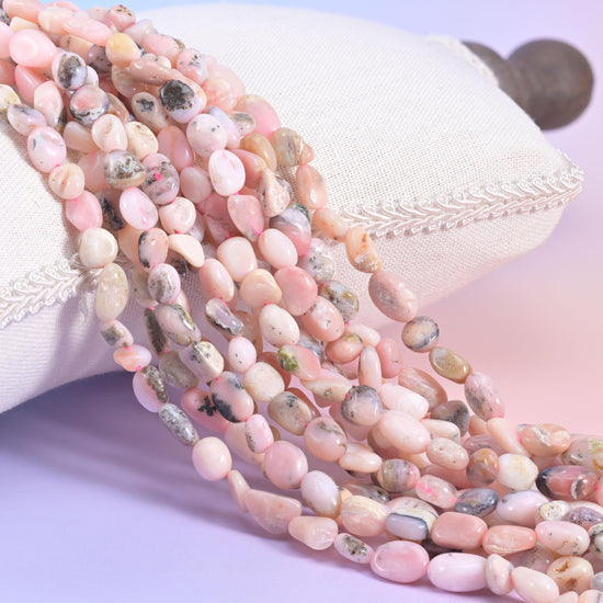 Pink Opal Irregular Pebble Nugget Beads, soft powder pink fading to cream with grey-brown matrix veining