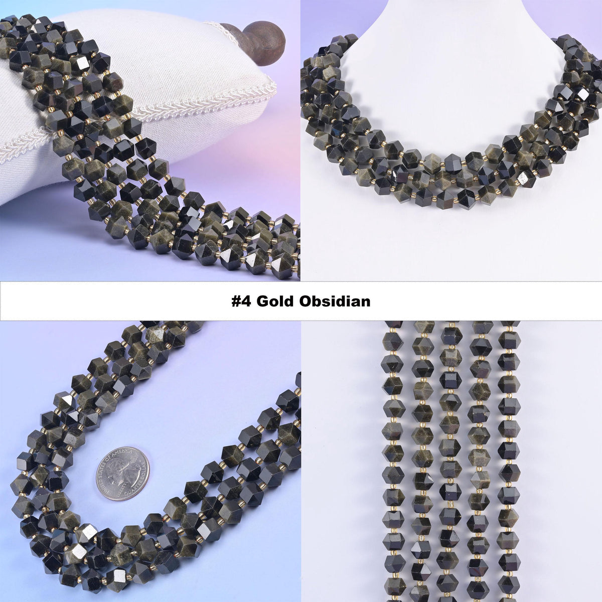 Faceted 8 sides diamond rhombus beads in gold obsidian, option 4 shown in four views, dark beads with a golden sheen on the cut faces.