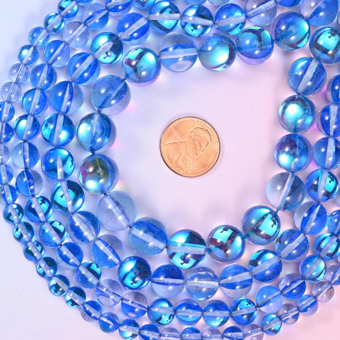 Iridescent Blue Round Glass Beads, sold per 15 inch strand