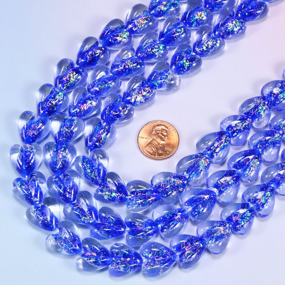 Iridescent Dark Blue Heart Glass Beads, 11.5 inch strand