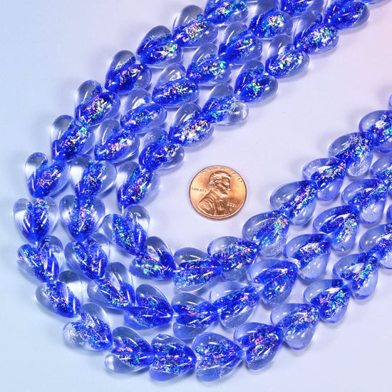 Iridescent Dark Blue Heart Glass Beads, 11.5 inch strand