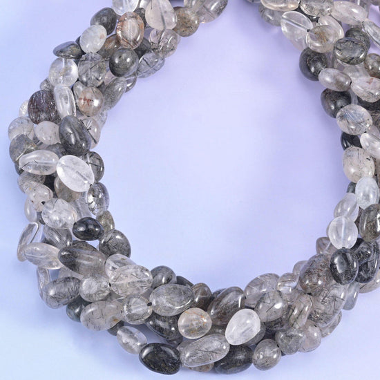Black Rutilated Quartz Pebble Beads 6-8mm 8-12mm Jewelry Making 15.5" Strand