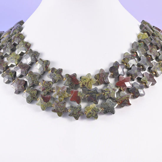 Dragon bloodstone star beads, faceted five-pointed star shape, 14mm