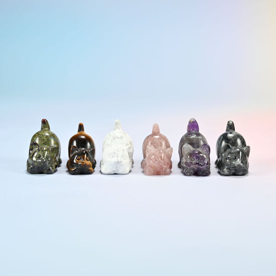 Six natural gemstone yoga cat carvings in a row: dragon bloodstone, tiger eye, white howlite, strawberry quartz, amethyst and black labradorite