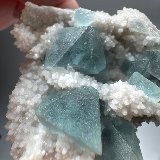 White Frosted Crystal with Blue Green Cubic Fluorite Specimen, 3.25 x 1.92 x 1.47 inches