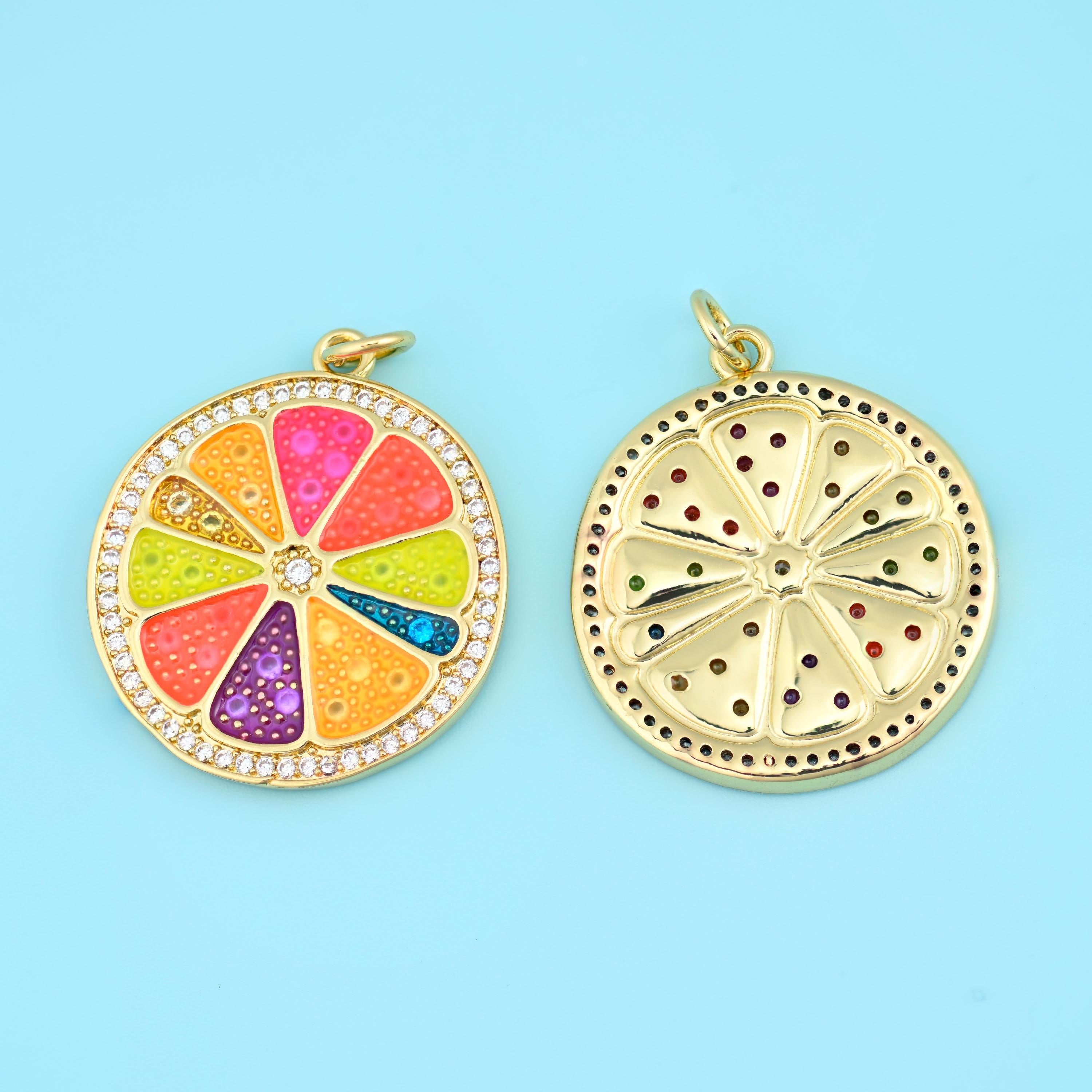 18K Gold Filled Enamel Zircon Citrus Slice Pendant 25x22mm in orange, pink, lime, purple and blue with clear zircon