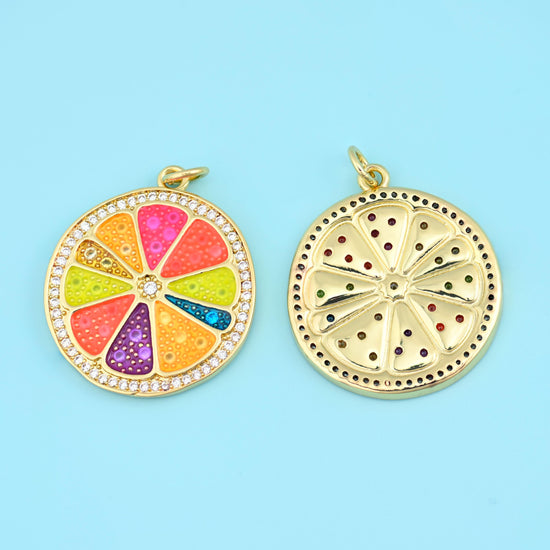 18K Gold Filled Enamel Zircon Citrus Slice Pendant 25x22mm in orange, pink, lime, purple and blue with clear zircon