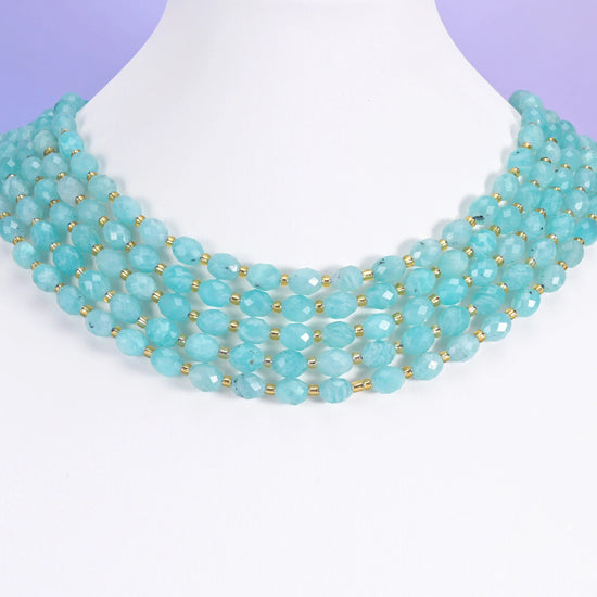 Blue Amazonite beads, faceted rice barrel shape, 6x8mm