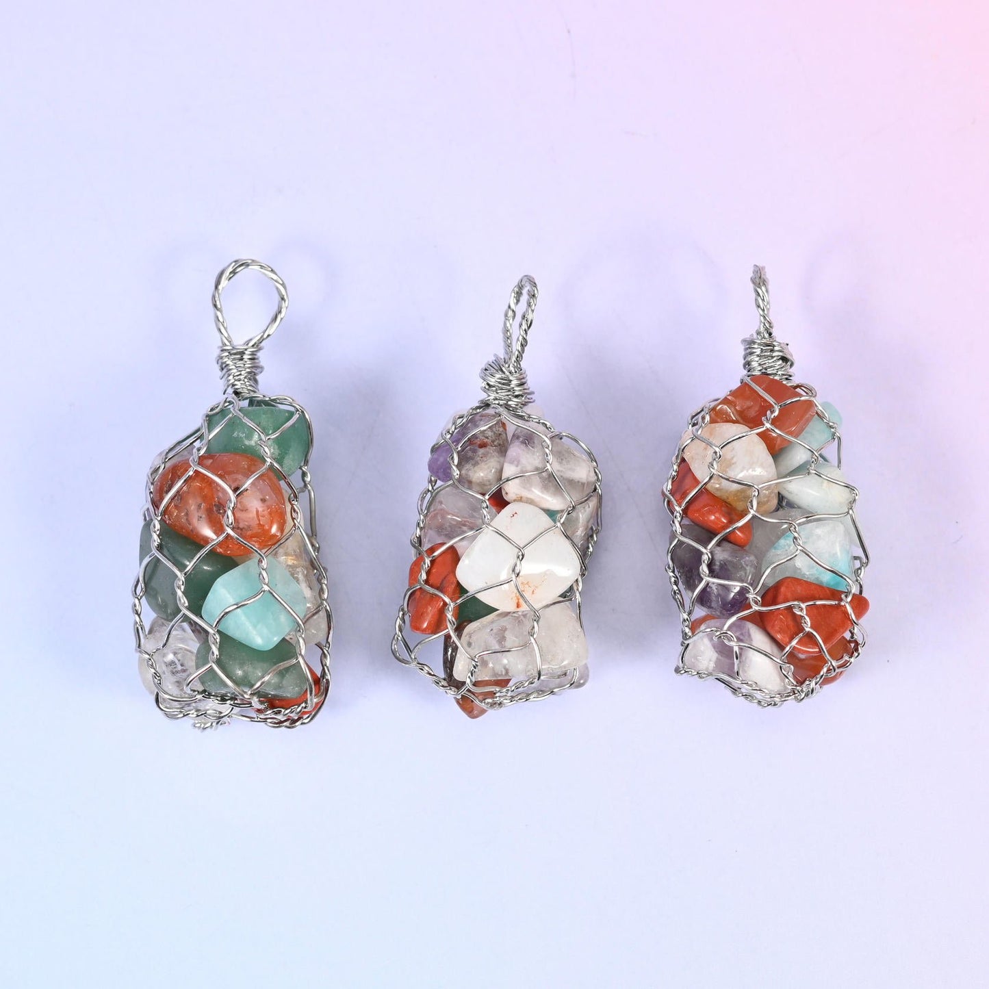 Wire Wrapped Cage Gemstone Chip Pendant, copper and silver tone wire