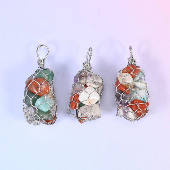 Wire Wrapped Cage Gemstone Chip Pendant, copper and silver tone wire