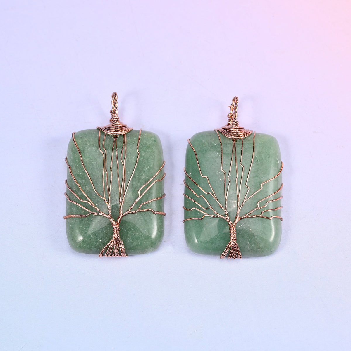 Rectangle Gemstone Tree of Life Pendant in mottled green aventurine, a matched pair with the copper tree trunk twisting up into the wrapped bail.