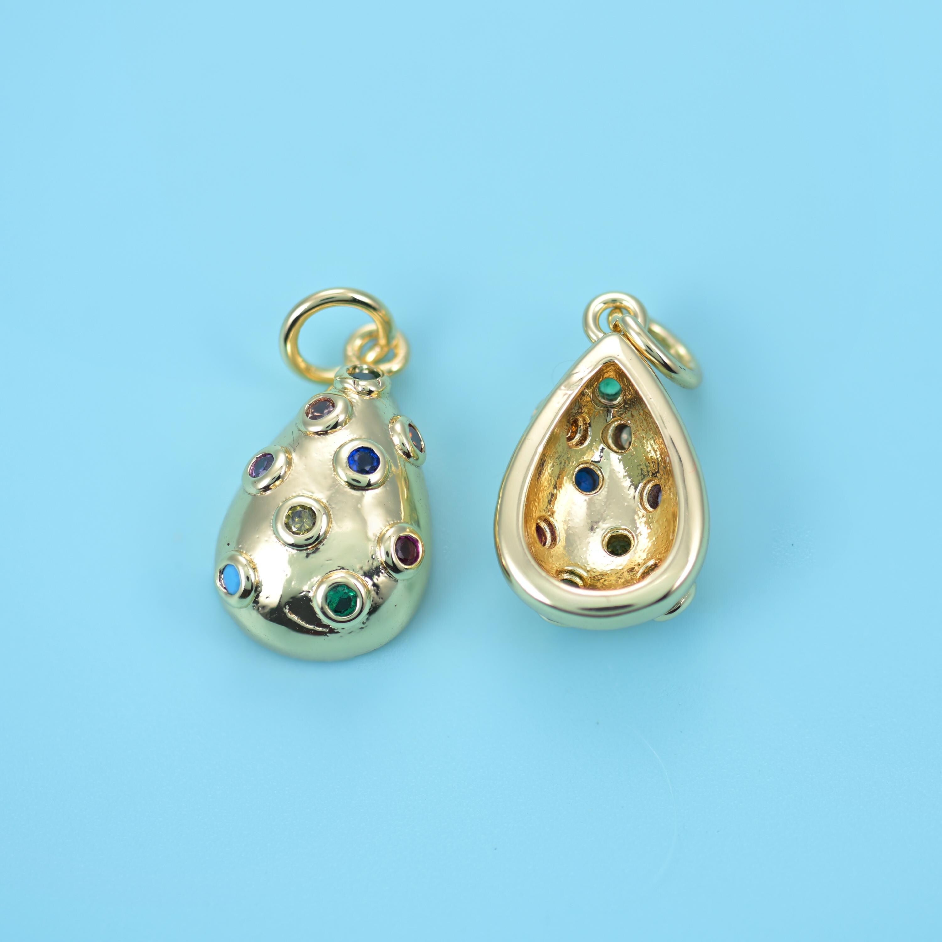 18K Gold Filled Zircon Teardrop Charm 15.22x8.2mm in polished gold with blue, red, green and clear zircon