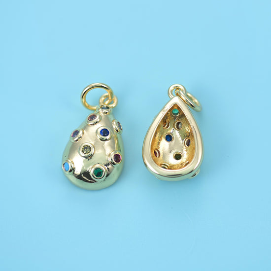 18K Gold Filled Zircon Teardrop Charm 15.22x8.2mm in polished gold with blue, red, green and clear zircon