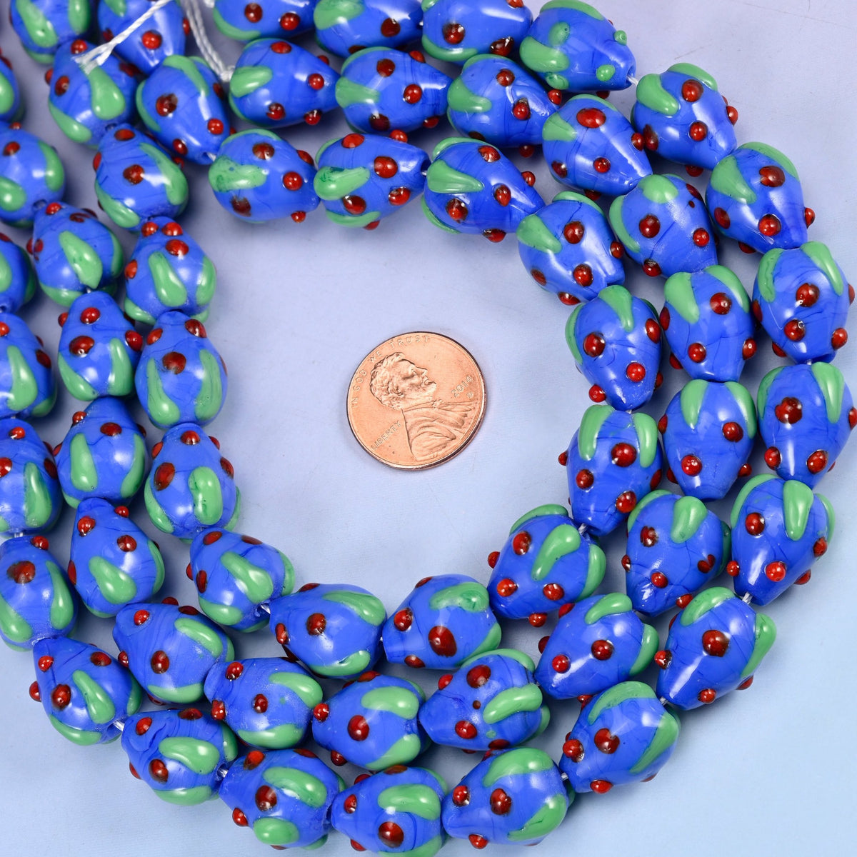 Dark Blue Red Dots Strawberry Glass Beads, sold per 12 inch strand, 20 pieces