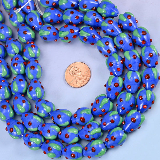 Dark Blue Red Dots Strawberry Glass Beads, sold per 12 inch strand, 20 pieces