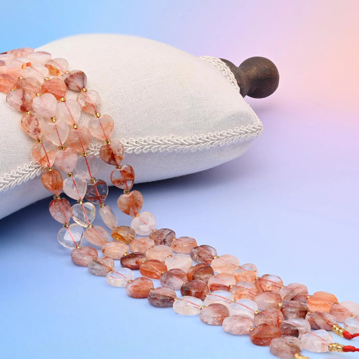 Red Hematoid Quartz faceted heart beads, clear to milky quartz clouded with rusty red hematite