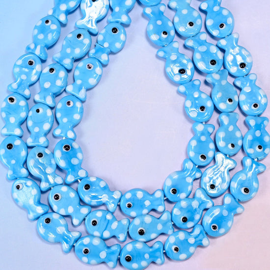 Sky Blue with White Dot Fish Glass Beads, 1.2mm hole
