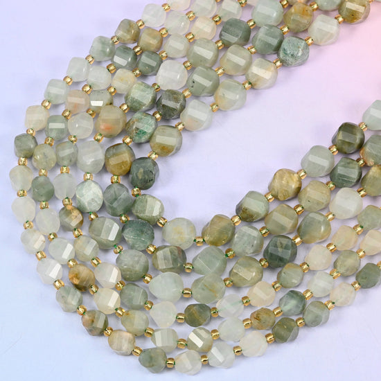 Green Grass Silk Stone faceted spiral twist beads, 15 inch strand