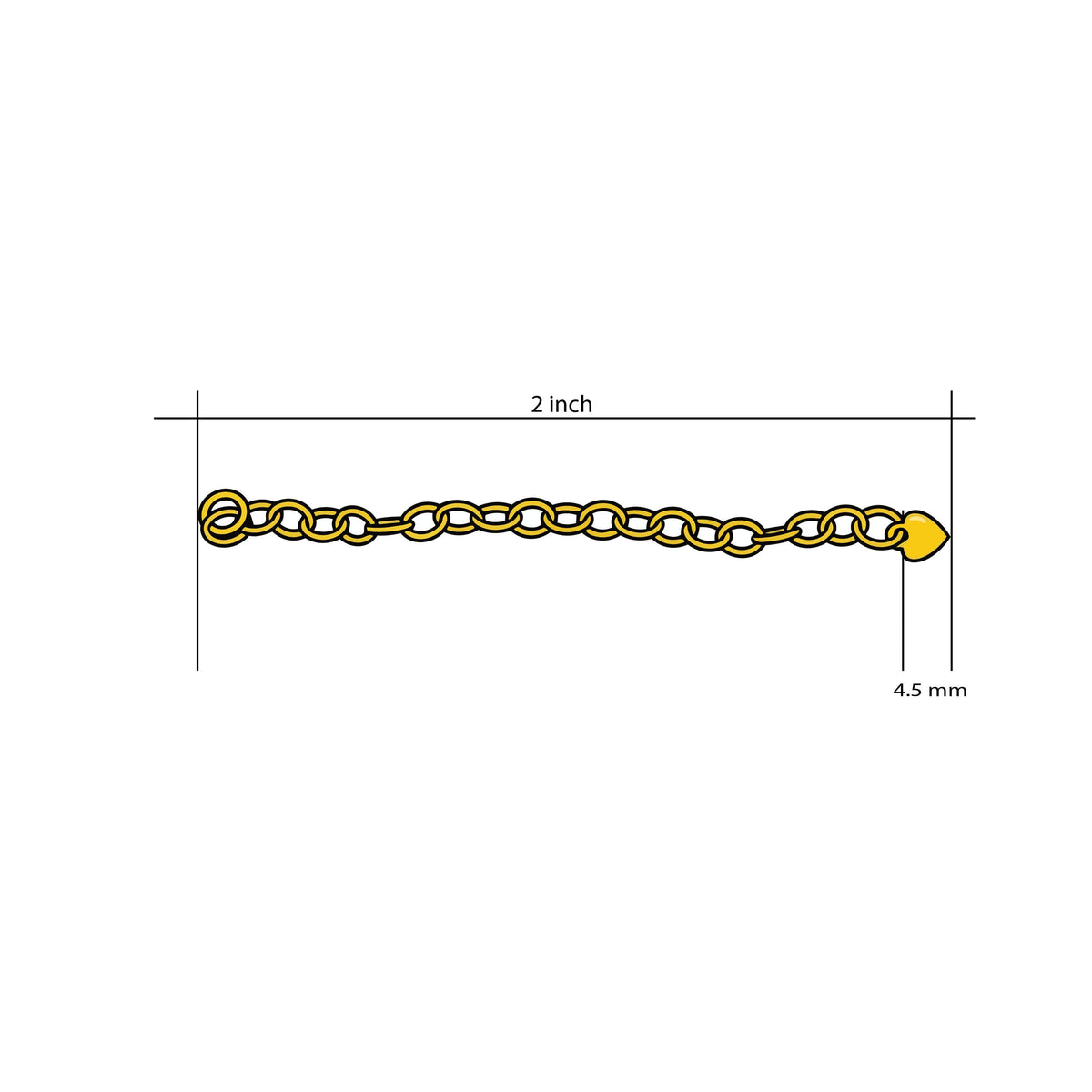Size diagram of the 14K gold filled heart chain extender showing 2 inch total length and a 4.5mm heart charm.