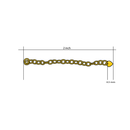 Size diagram of the 14K gold filled heart chain extender showing 2 inch total length and a 4.5mm heart charm.