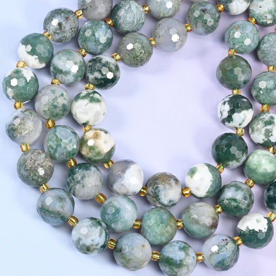 Moss Agate Faceted Round Beads, approximately 21 beads per strand