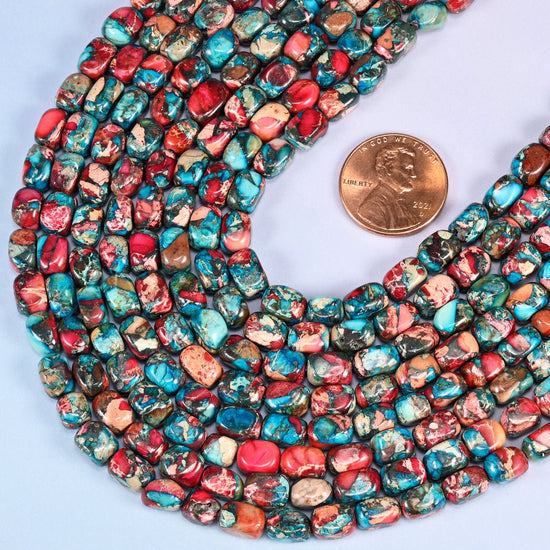 Small rounded nuggets in dyed Sea Sediment Jasper, turquoise blue and brick red