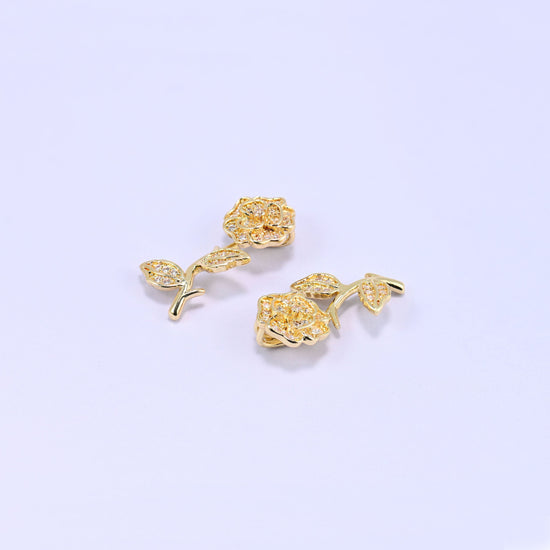 Brass rose and stem charm fully paved in sparkling clear zircon