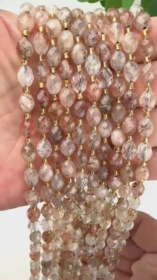 Red Copper Rutilated Quartz Rice Barrel Beads, approximately 39 beads per strand