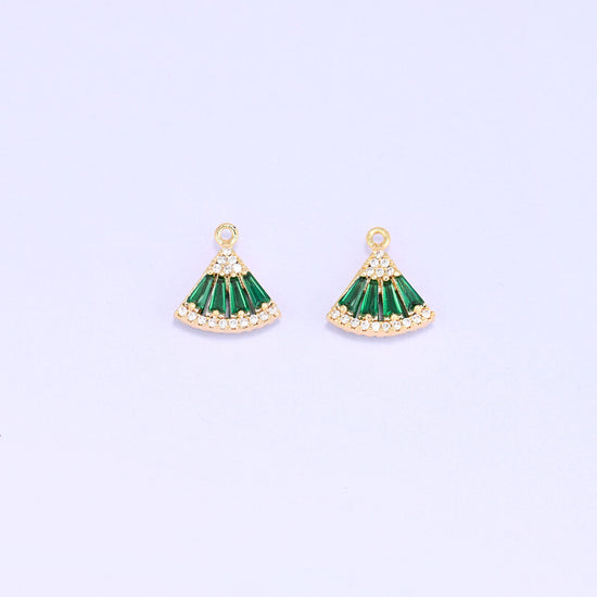 Small gold charms, two green fan charms facing forward