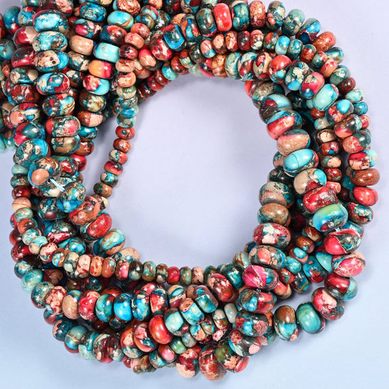 Red Dyed Sea Sediment Jasper Rondelle Beads, Multicolor Gemstone, 3x4mm 4x6mm 5x8mm, 15 Inch Strand