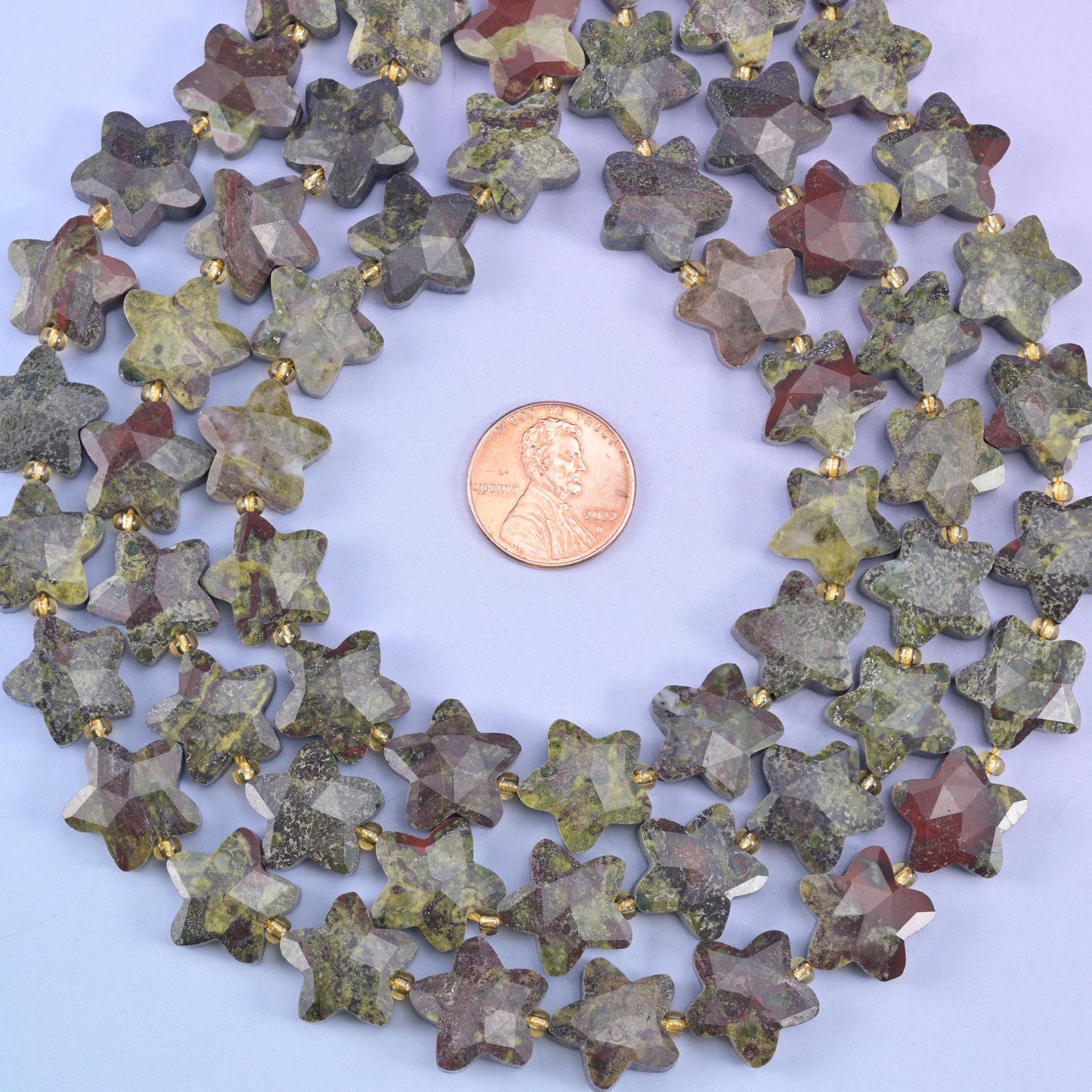 Dragon bloodstone star beads, natural stone, mossy olive and grey-green stone splashed with rust red and maroon