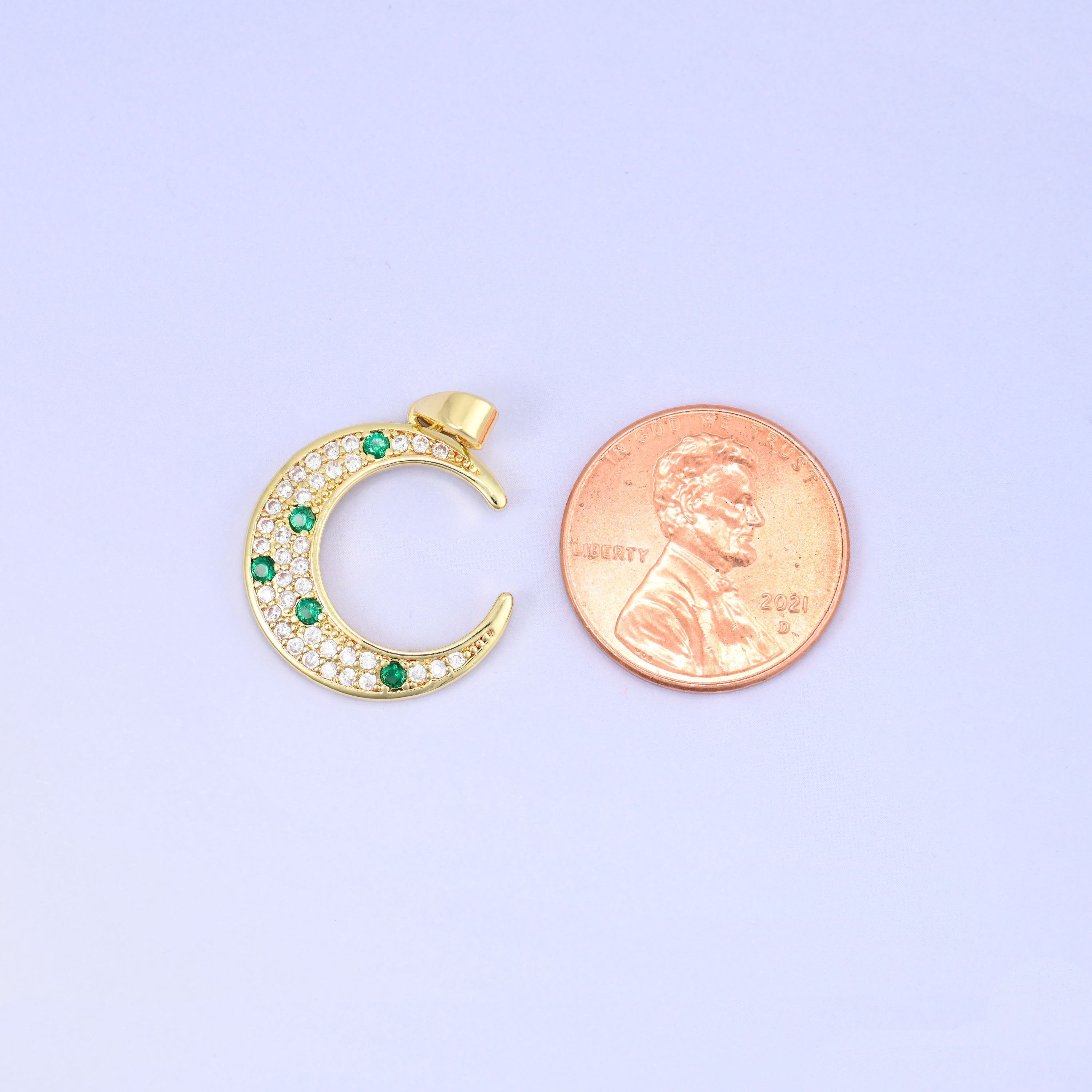 Crescent moon zircon charm pendant with green zircon accents