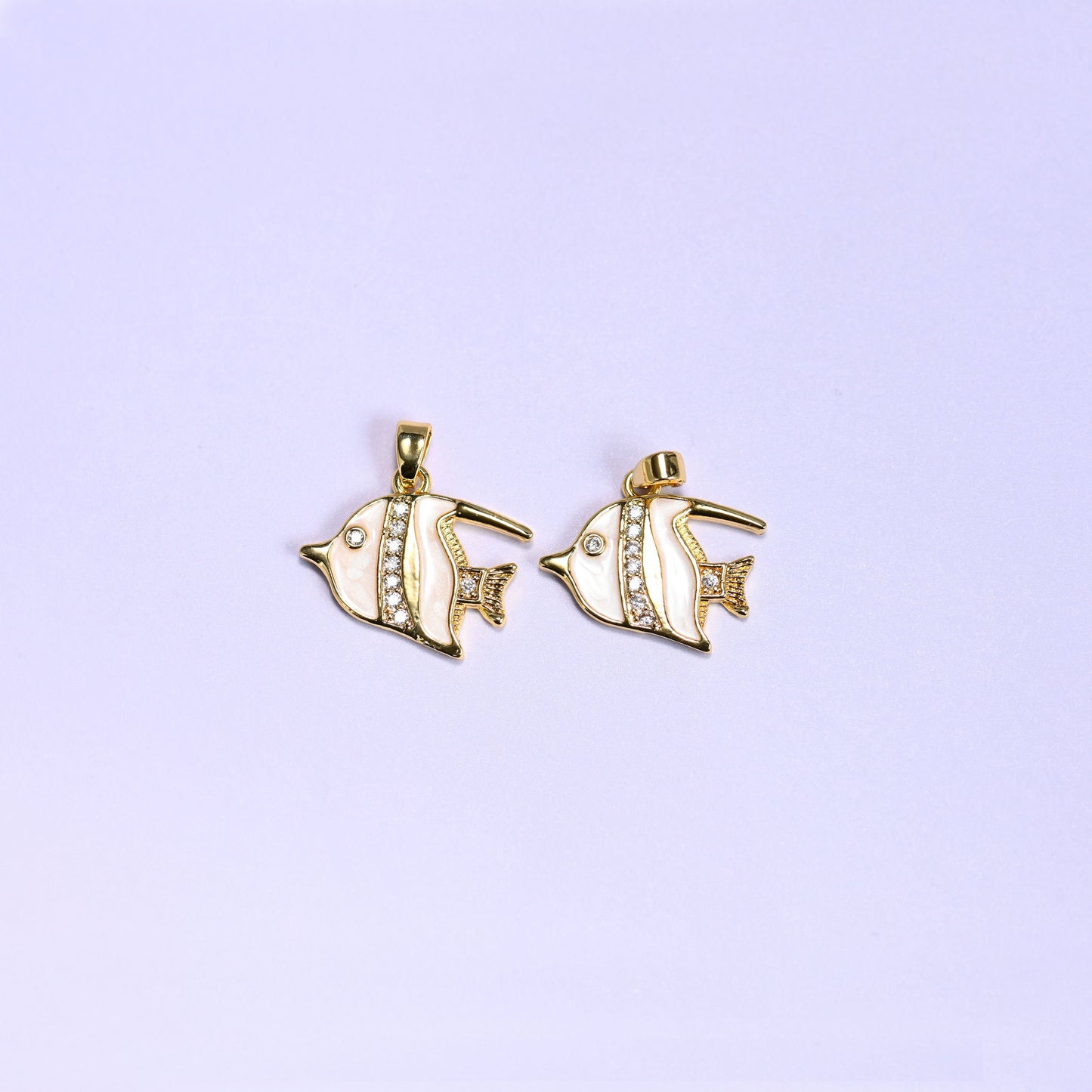 White Tropical Fish Zircon Charms in gold and white