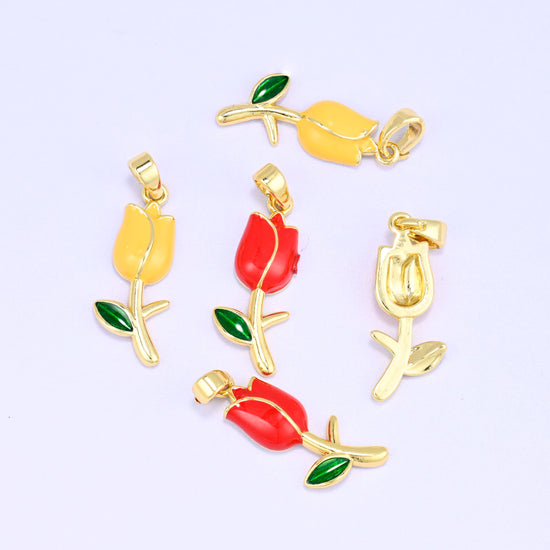 Enamel tulip charms in red and yellow, 18K gold plated, with one turned to show the plain gold-tone reverse