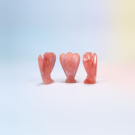 Three melon quartz guardian angel carvings, translucent pink, man-made glass, 2 inch