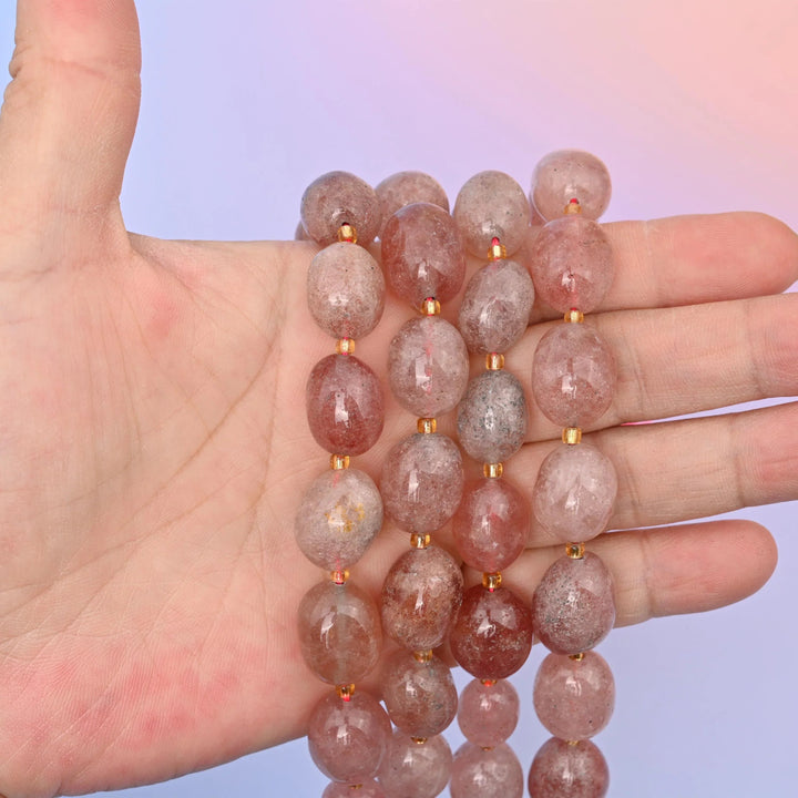 Strawberry Quartz beads, oval nugget shape, 10-17mm.