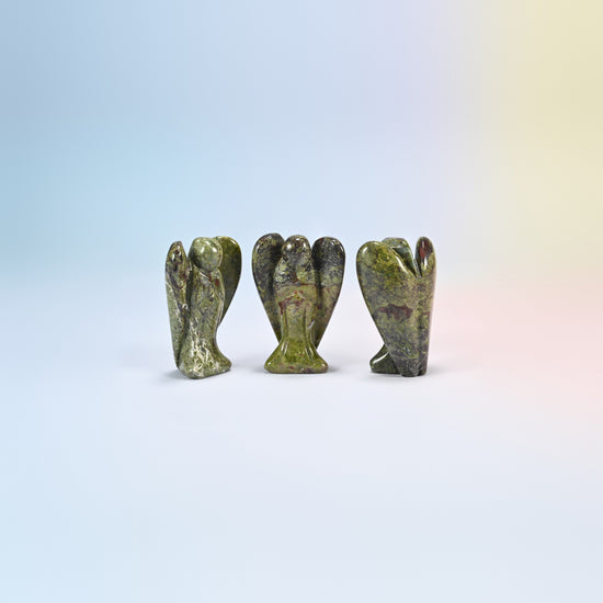 Three natural dragon bloodstone guardian angel carvings, olive green with red patches, 2 inch