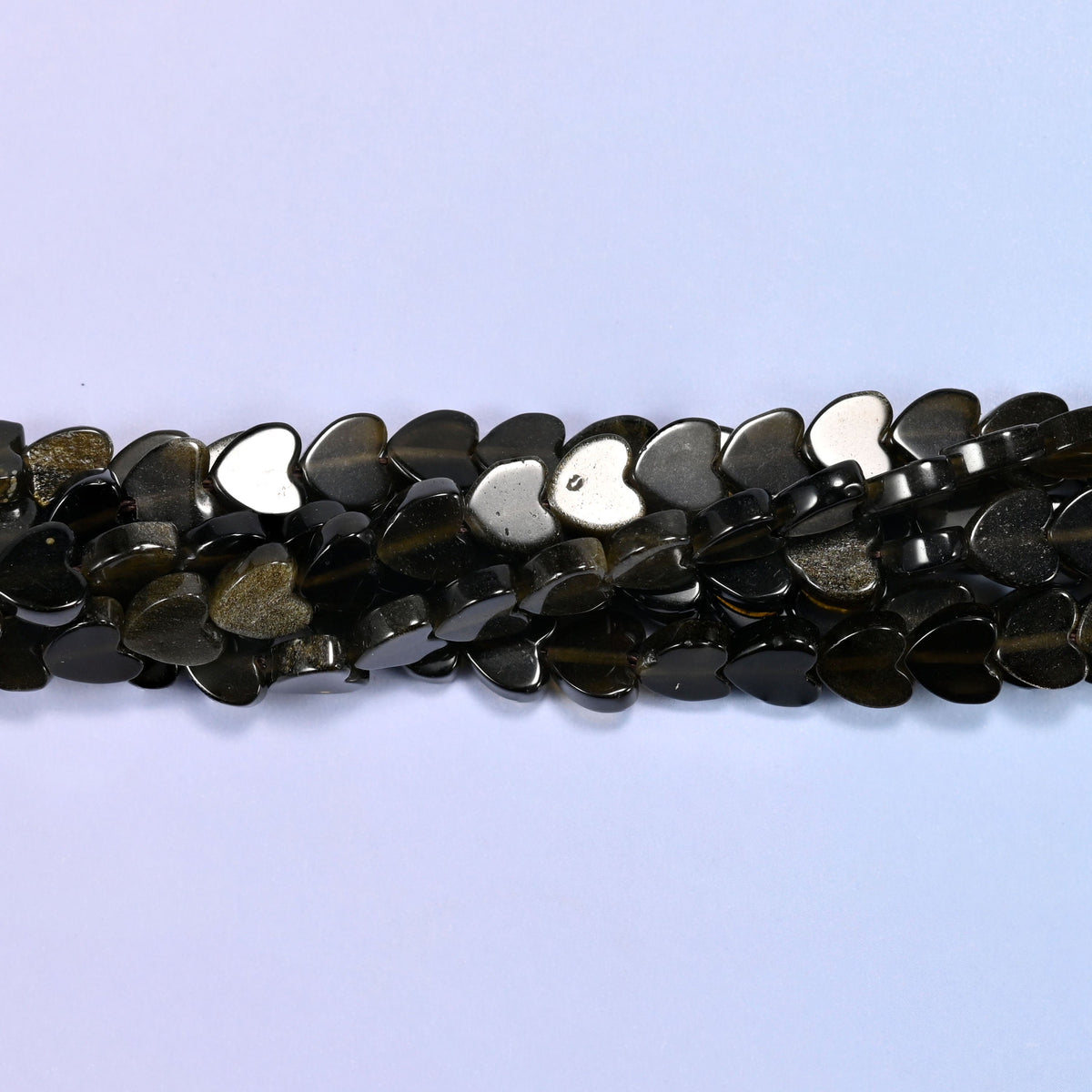 Gold Obsidian Flat Heart Beads, glossy black hearts cut from volcanic glass with a warm olive-bronze sheen