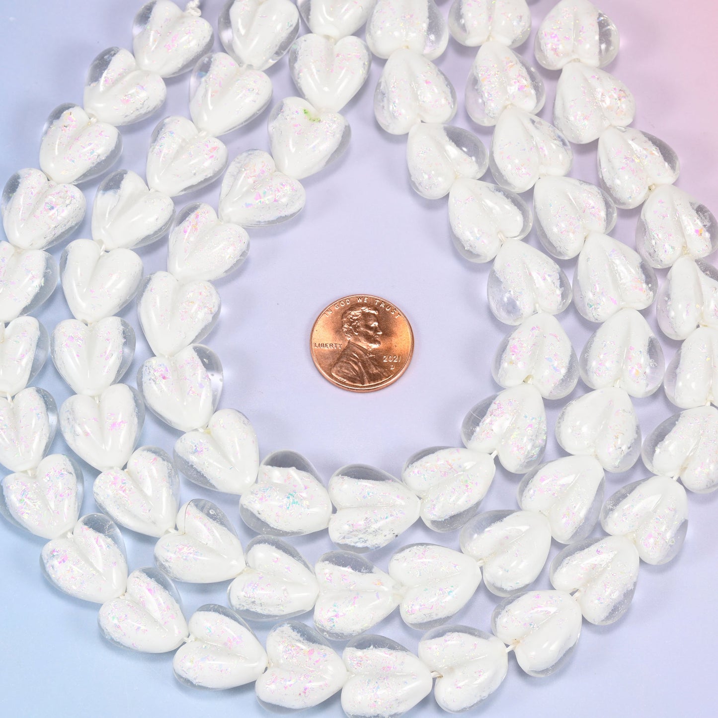 Iridescent White Heart Glass Beads, 16x15mm, 24pc Strand
