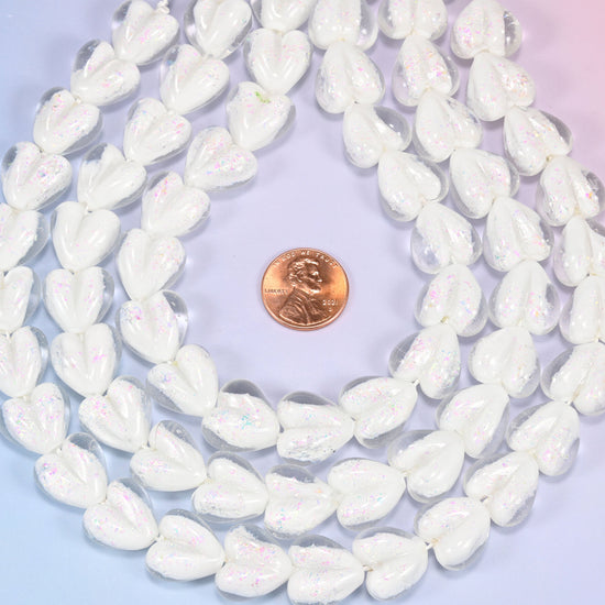 Iridescent White Heart Glass Beads, 16x15mm, 24pc Strand