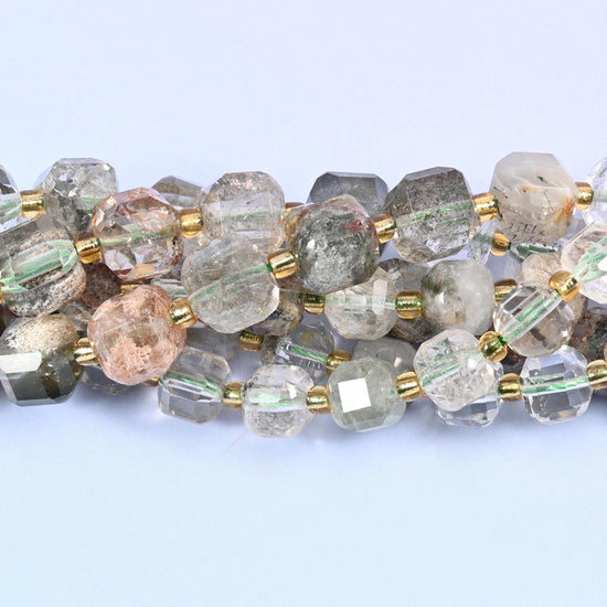Green Phantom Quartz Faceted Cube Beads, sold per 15 inch strand