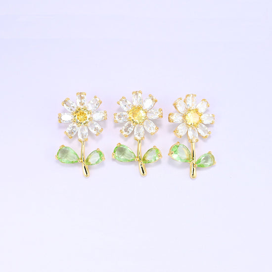 Daisy Flower Green Leaves Zircon Charms: 18K Gold Plated, Jewelry Making Supply