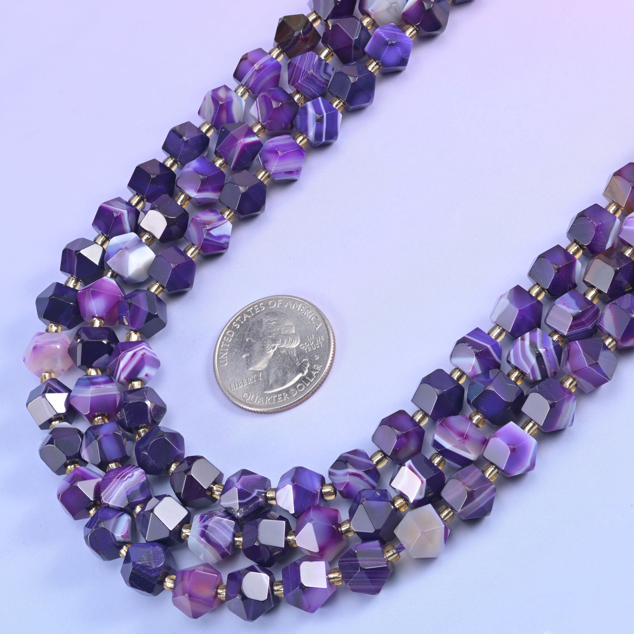 Faceted rhombus beads that mix cleanly with each other in multi-strand designs.