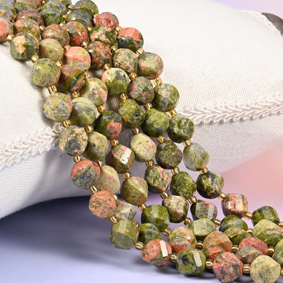 Unakite faceted spiral twist natural stone beads, 10mm, 15 inch strand
