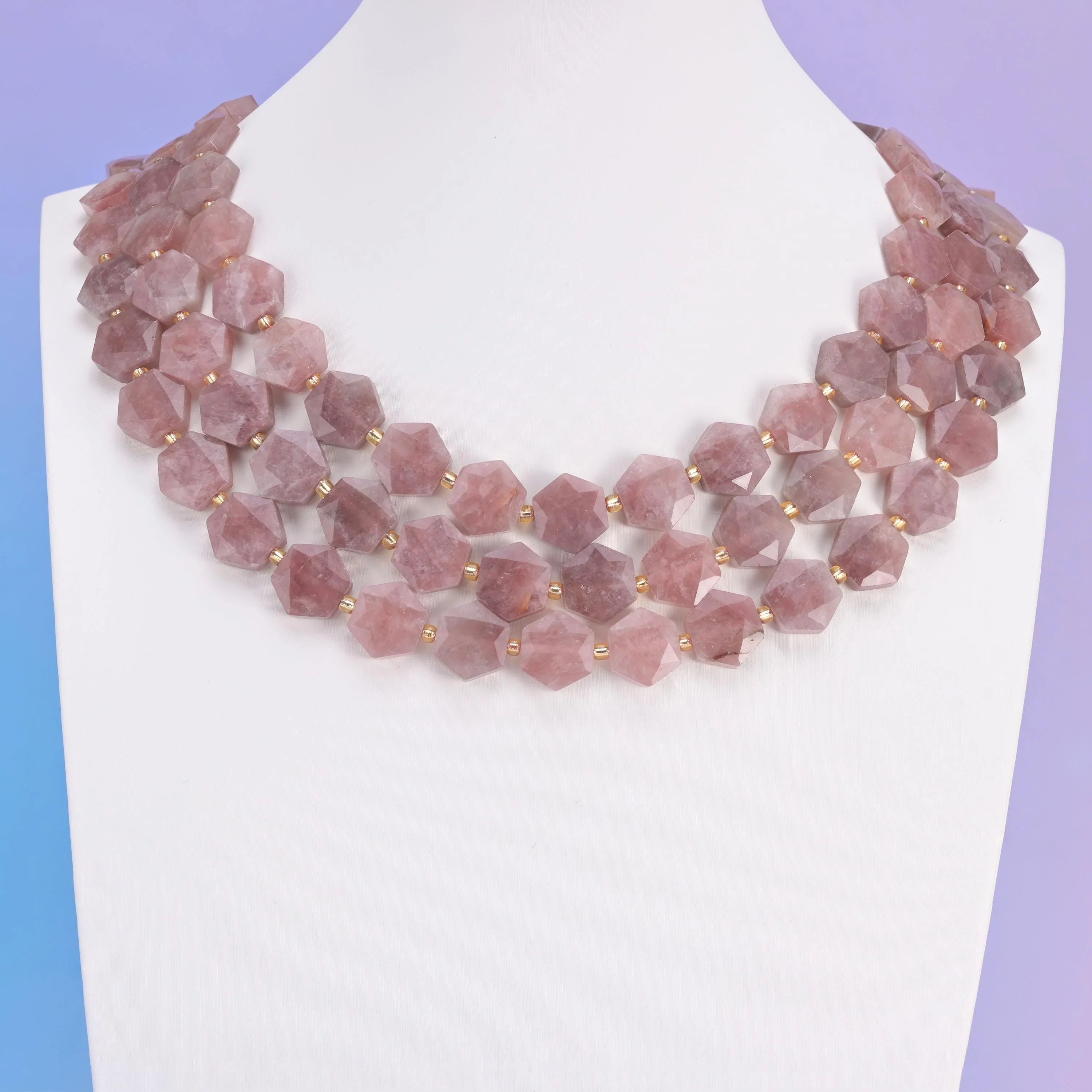 Strawberry Jade beads, flat hexagon shape, 12mm.
