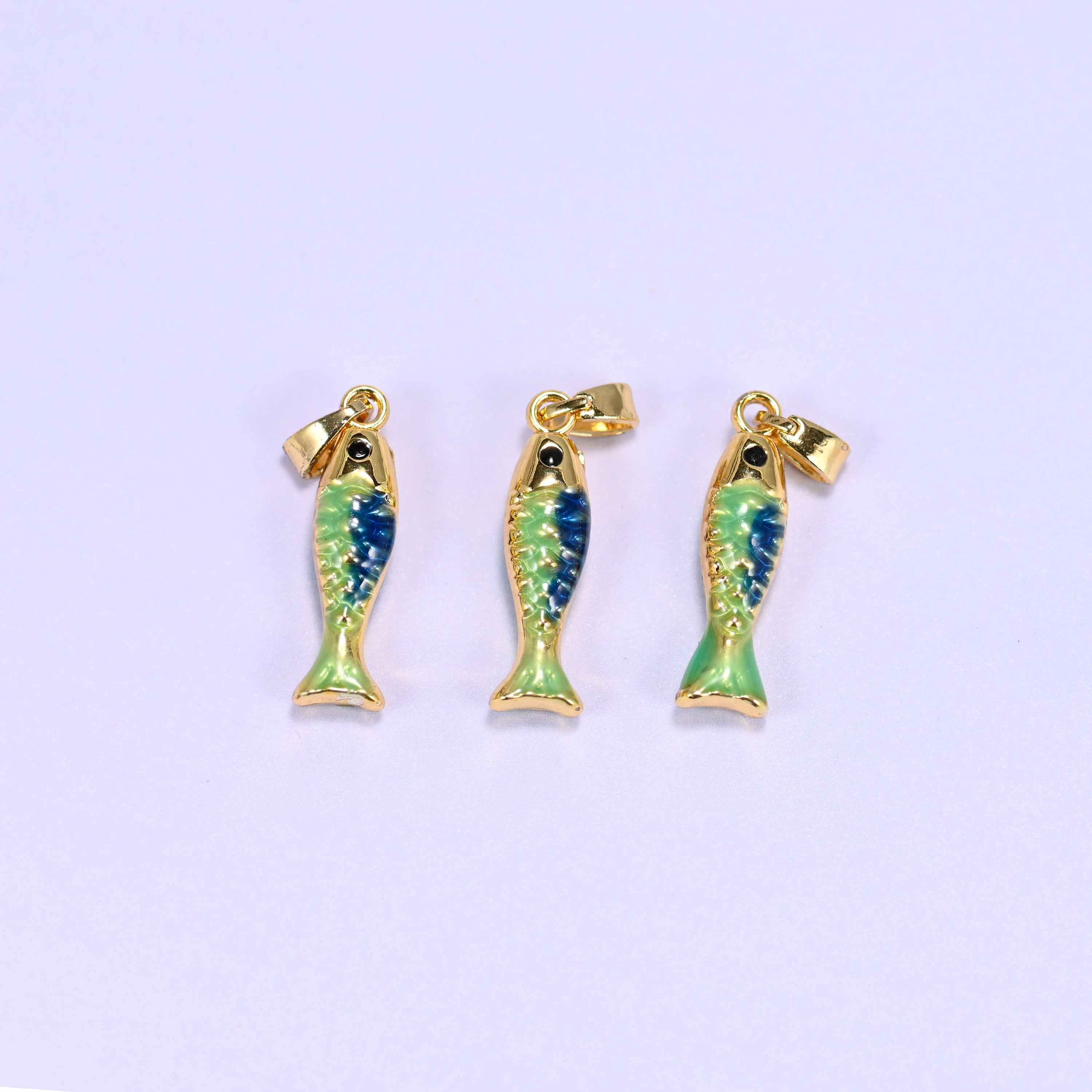 Enamel Blue Green Fish Charms: 18K Gold Filled Pendants, Jewelry Making Supply